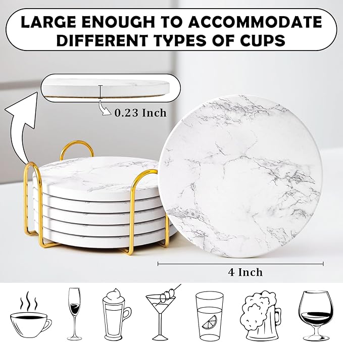 GOH DODD Coasters for Drinks Set of 6, Absorbent Marble Style Ceramic Coaster Tabletop Protection Home Decor with Metal Holder for Coffee Table, Housewarming Gifts Wedding Party, White, Round, 4 Inch