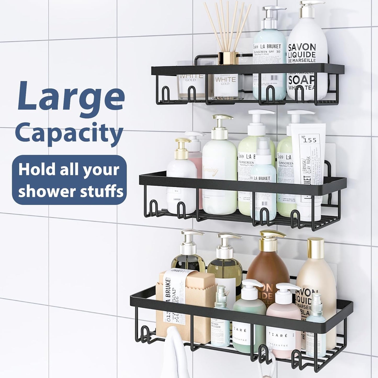 5 Pack Shower Caddy Organizer Rack Shelf for Inside Shower, Adhesive Bathroom Wall Storage Basket Rustproof Stainless Steel Shampoo Holder, Bathroom Accessory Decor Set, Black