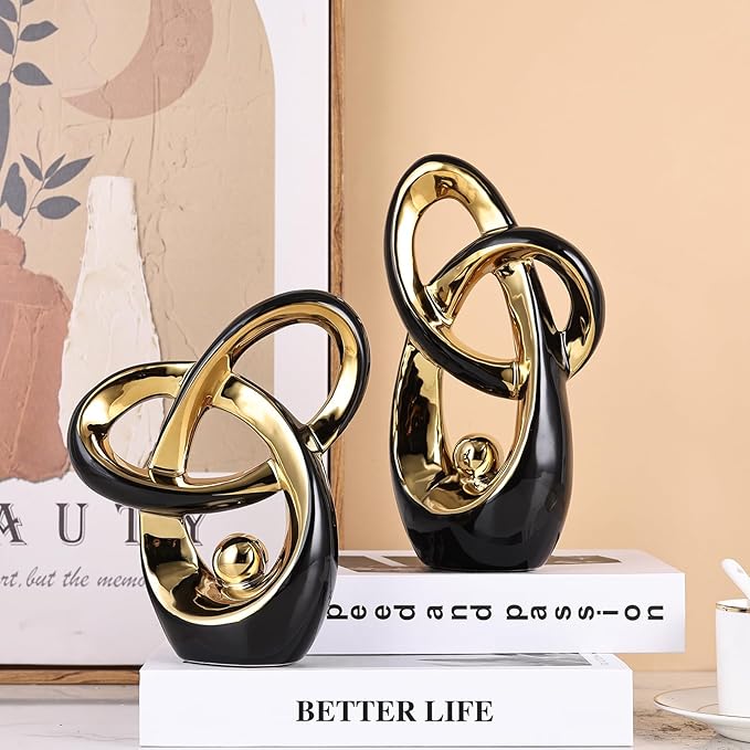 Black Gold Modern Abstract Art Home Decor Accent,Statues Coffee Table Decor for Living Room,Table Centerpieces for Dining Room,Ceramic Sculptures and Gold Knick Knacks for TV Stand Decor (Black Gold)