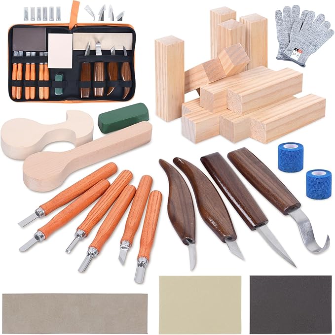 Ninonly 42pcs Wood Carving Tools Kit, Wood Whittling Knife Set for Beginners, Wood Carving Knife Set with 12 Basswood Blocks, Woodworking Kit DIY Hobbies for Adults Spoon Bowl Kuksa Cup