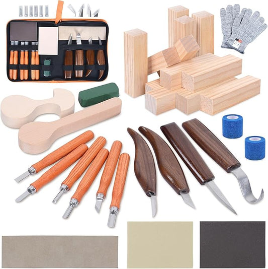 Ninonly 42pcs Wood Carving Tools Kit, Wood Whittling Knife Set for Beginners, Wood Carving Knife Set with 12 Basswood Blocks, Woodworking Kit DIY Hobbies for Adults Spoon Bowl Kuksa Cup