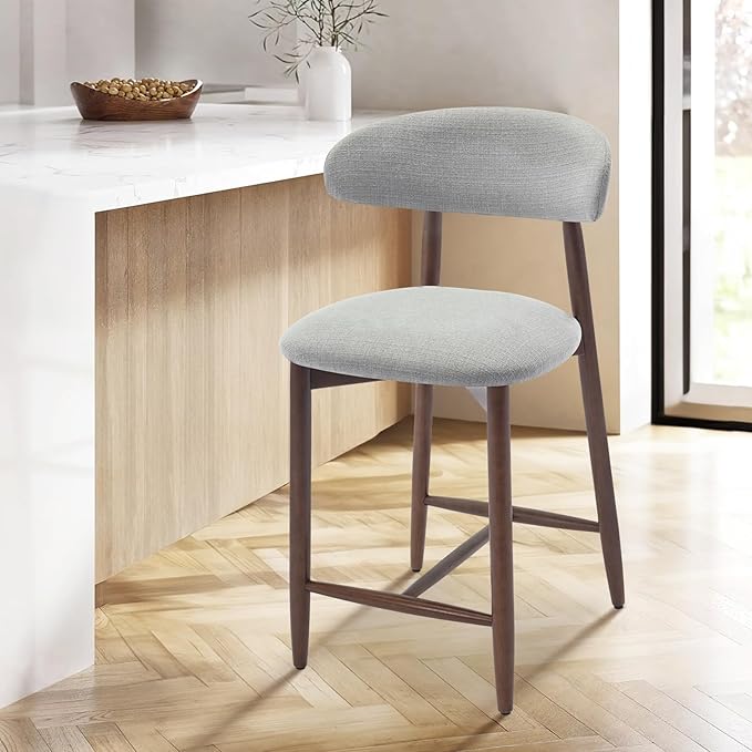 COLAMY Wood Bar Stools, Counter Height BarStools, Mid Century Modern Stools with Back, 25 Inch Upholstered Wooden for Kitchen Island Dining Room, Light Grey