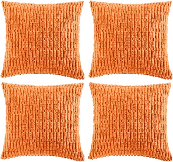 Fancy Homi 4 Packs Orange Fall Decorative Throw Pillow Covers 22x22 Inch for Couch Living Room Bed Sofa, Halloween Pumpkin Autumn Home Decor, Soft Cute Plush Corduroy Striped Cushion Case 55x55 CM