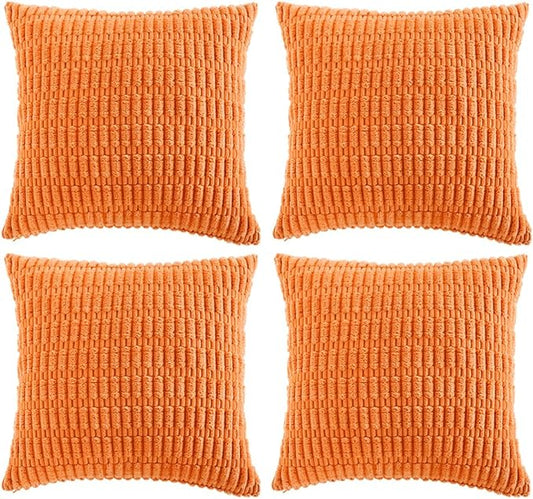 Fancy Homi 4 Packs Orange Fall Decorative Throw Pillow Covers 22x22 Inch for Couch Living Room Bed Sofa, Halloween Pumpkin Autumn Home Decor, Soft Cute Plush Corduroy Striped Cushion Case 55x55 CM