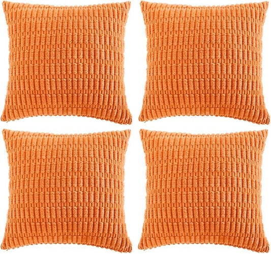Fancy Homi 4 Packs Orange Fall Decorative Throw Pillow Covers 20x20 Inch for Couch Bed Sofa, Halloween Pumpkin Autumn Home Decor, Soft Cute Plush Corduroy Striped Cushion Case 50x50 CM