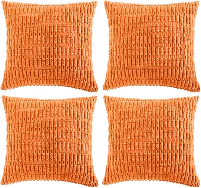 Fancy Homi 4 Packs Orange Fall Decorative Throw Pillow Covers 18x18 Inch for Couch Living Room Bed Sofa, Halloween Pumpkin Autumn Home Decor, Soft Cute Plush Corduroy Striped Cushion Case 45x45 CM