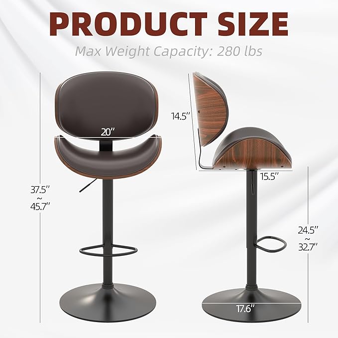 civama Bar Stools Set of 6 for Kitchen Counter, Adjustable Bar Height Chairs, Modern Swivel Barstools with Bentwood Seat and Back with Footrest for Kitchen Island, Dining Room, Brown PU Leather