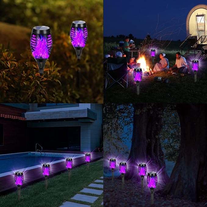 Solar Lights Outdoor Halloween Decorations, Upgraded 4 Pack Purple Solar Torch Lights with Flickering Flame, Waterproof Halloween Lights Outdoor, Tiki Torches for Outside Patio Pathway Decor
