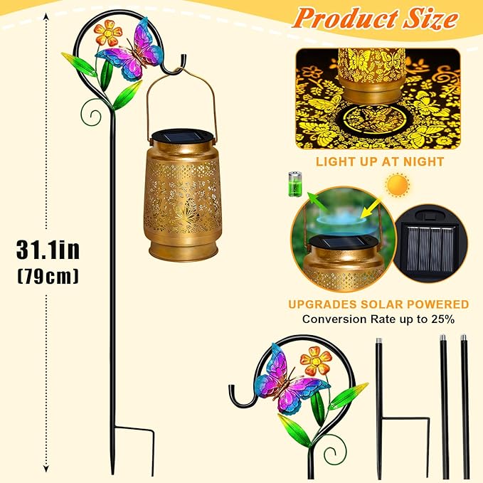 2 Packs Butterfly Solar Lanterns Outdoor Waterproof with Shepherd Hook,Garden Lights Butterfly Decor,Christmas Decorations Birthday Gifts for Women Mom,Hanging Solar Lights Decorative for Patio,Porch