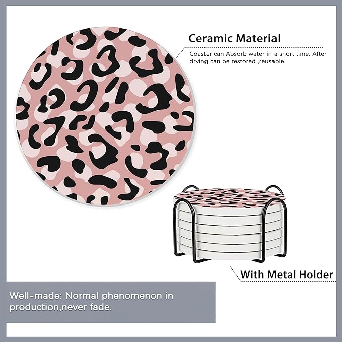 Drink Coasters Set of 6 with Holder,Leopard Print Brown Grey Gold Pink Absorbent Ceramic Coasters with Cork Base,Fit All Cups,Tabletop Protection Mat for Mugs and Cups,Office,Kitchen