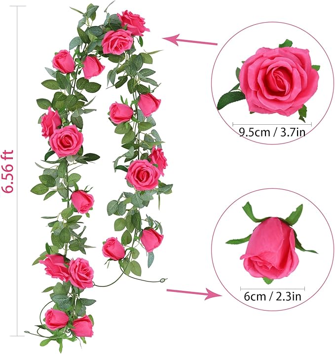 Felice Arts 2 Pack Hot Pink Artificial Floral Garland Each 6.5FT Fake Rose Vine Hanging Rose Garland for Wedding Flowers Table Centerpiece Arrangement Room Baby Shower Teepee Mirror Decor