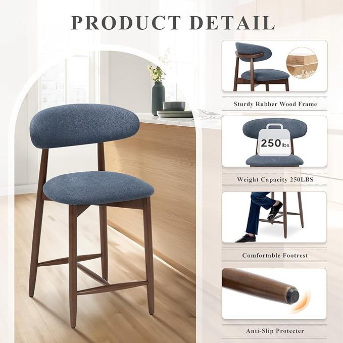 COLAMY Mid Century Modern Blue Wooden Bar Stools Set of 2, Counter Height with Back, 25 Inch Padded Fabric Seat, 250 Lbs Weight Limit