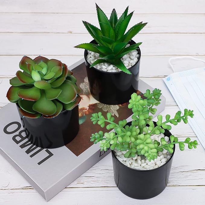 Hopewood Artificial Succulents Faux Potted Plant Decor, Small Fake Plants in Black Pot, Realistic and Lifelike for Book Shelf, Desk Decor, Home Office, Kitchen, or Bathroom Decor - Pack of 3