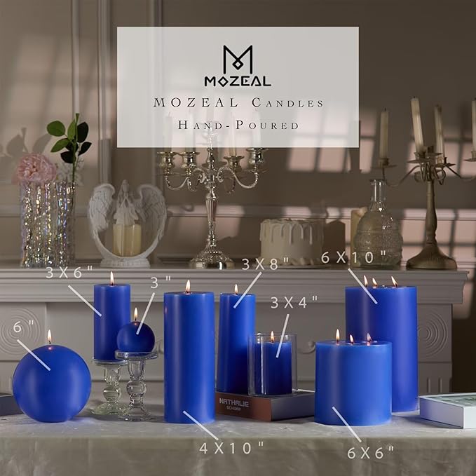 MOZEAL Hand-Poured, 6 Inch Blue Large Round Ball Candles - Elegant Blue Round Pillar Candles, Dripless, Unscented, Smokeless, Ideal for Summer Parties.