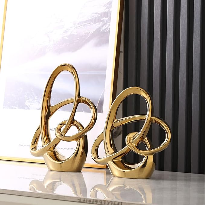 Modern Gold Knots Decor Ceramic Statue - Abstract Home Accent & Tabletop Figurine for Living Room, Bedroom, Bathroom, Office, Shelf, Mantel - Wedding, Coffee Table, Dining Room Centerpiece Decoration