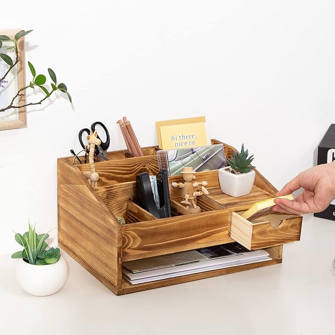 VERGOODR Wood Desk Drawer Organizers with File Organizer Pen holder Decor combo for Desk Organization, Office Desks, Home can arrange calculators, scissors, pens, note papers, etc. (Baked color)
