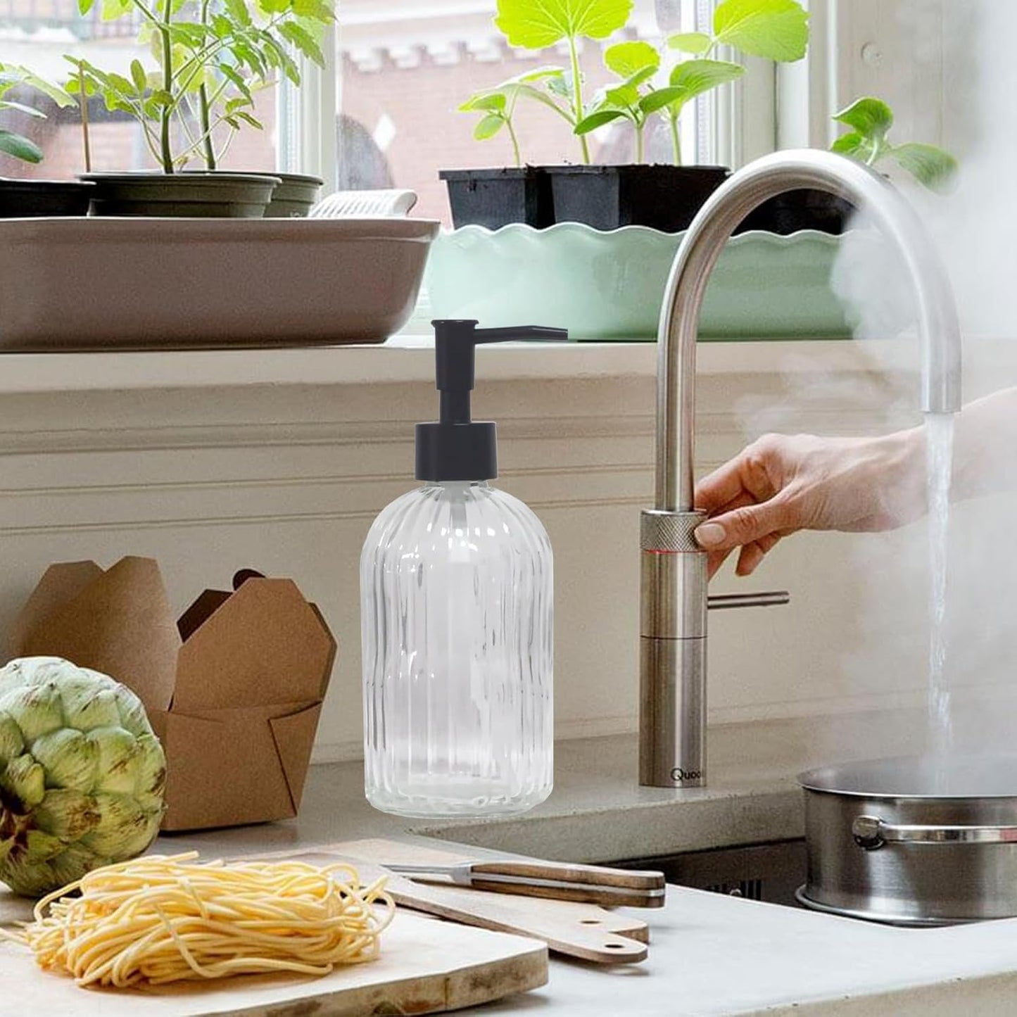 Clear Glass Soap Dispenser with Pump, 2 Pack 13.5oz Bathroom Soap Dispenser with Vertical Stripe for Hand Wash and Dish Wash, Elegant Refillable Hand Dispenser for Dishwashing Liquid, Lotion