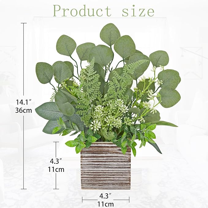 Hollyone Artificial Eucalyptus Plant in Rustic Wood Planter 14" Faux Eucalyptus Fern Greenery Arrangement Potted Plant Centerpiece for Farmhouse Home Indoor Wedding Table Mantel Shelf Kitchen Decor