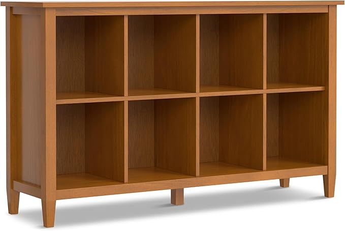 SIMPLIHOME Warm Shaker Console Table - 57 Inch Wide Solid Wood Sofa Table in Light Golden Brown, Transitional Bookcase for Entryway or Living Room with 8 Open Storage Cubbies and Square Tapered Legs