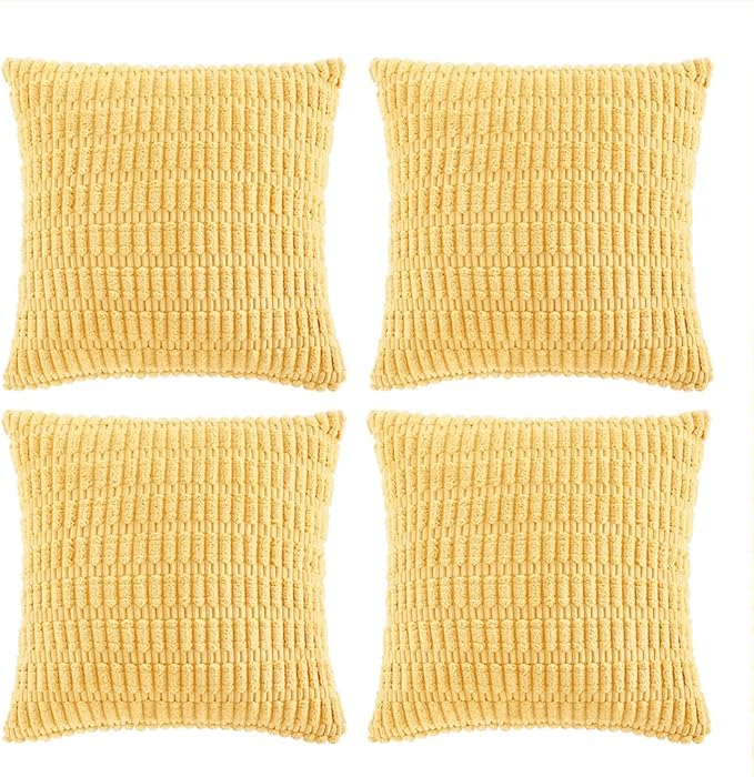 Fancy Homi 4 Packs Yellow Spring Decorative Throw Pillow Covers 16x16 Inch for Living Room Couch Bed Sofa, Rustic Farmhouse Boho Home Decor, Soft Striped Corduroy Square Cushion Case 40x40 cm