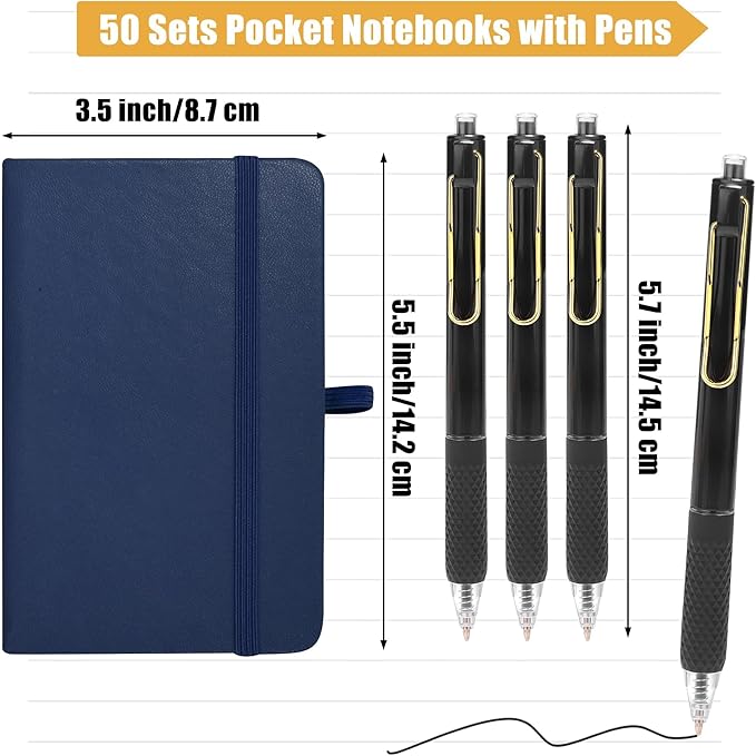 Aodaer 50 Sets Pocket Notebook Journal with Pens, 160 Pages, 3.5 x 5.5 Inch Mini Lined Journal Notebook A6 Leather Hardcover College Ruled Notepad with Pen Holder for School Office, Deep Multicolor