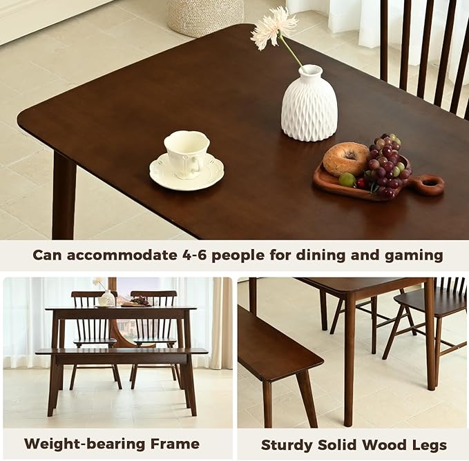 DELAVIN 47.2" Solid Wood Dining Table, Mid Century Modern Wooden Kitchen Table, Farmhouse Dining Room Table, Easy Assembly, Walnut, 47.2" L x 29.5" W