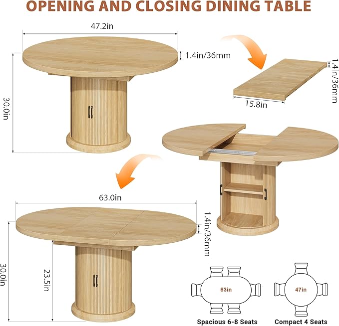 Extendable Round Kitchen Dining Room Table for 4-6 with 2-Tier Storage Shelf, 63'' Space Saving Expandable Wood Oval Circle Dinner Furniture with Pedestal Base (Natural Oka)