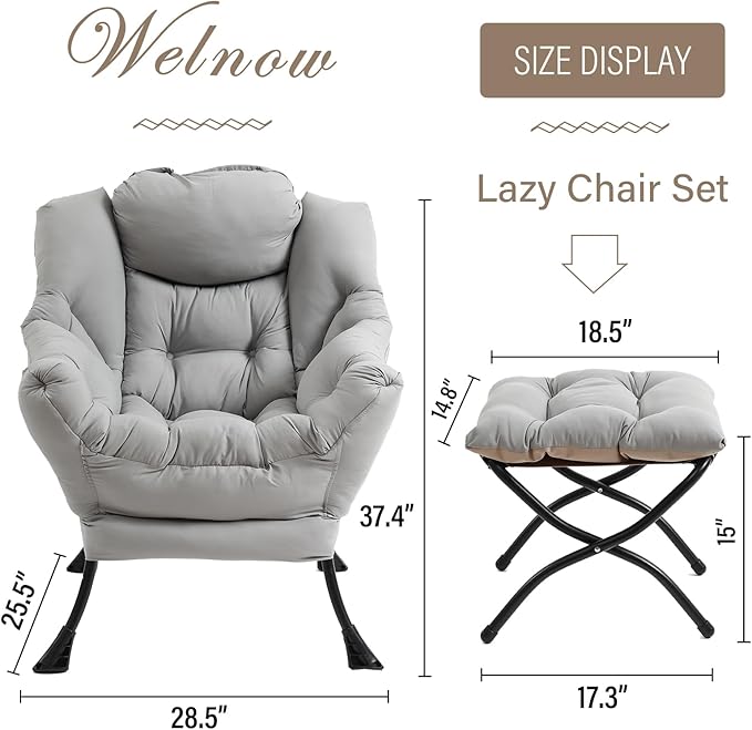 Welnow Lazy Chair with Ottoman, Modern Lounge Accent Chair with Armrests and a Side Pocket, Leisure Sofa Armchair Set, Reading Armchair with Footrest for Small Space, Light Grey
