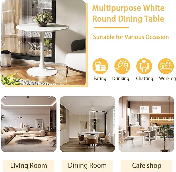 Round White Dining Table, 31.5" Tulip Table, Round Dining Table with Pedestal Base, White Dining Table for 1-4 Person, Mid-Century Leisure Table for Kitchen, Living Room, Restaurant, Cafe