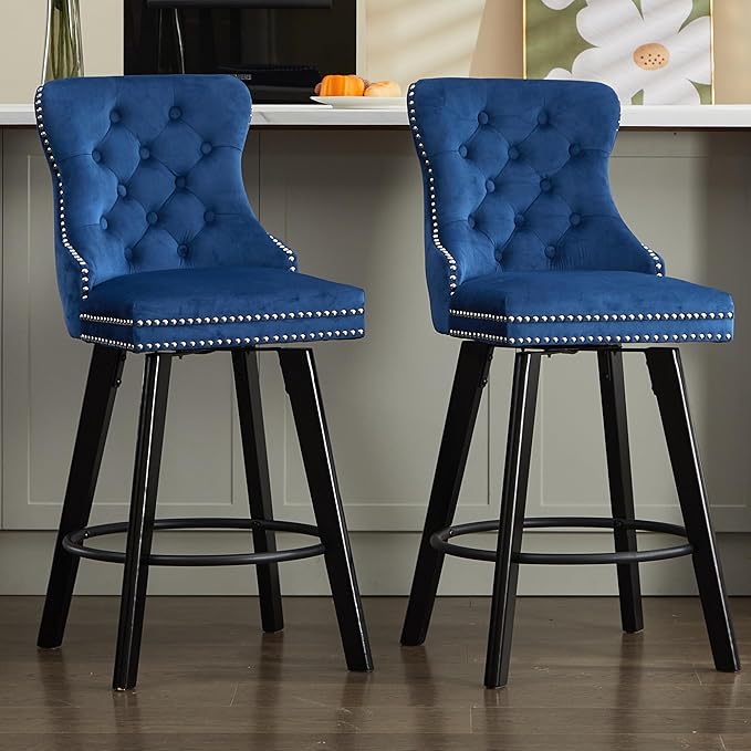 YISHENG Modern Swivel 27" H Seat Set of 4 Velvet Barstools with Backrest and Footrest,Button Tufted Rivet Trim Dining Room Chairs with Metal Pull Ring for Kitchen Island，Bistro, Home Bar，Blue
