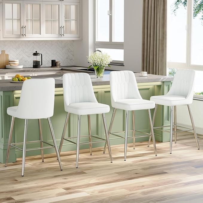 27" Bar Stools Set of 4 - White Counter Height Bar Stools Set of 4,Faux Leather Kitchen Island Stools with Sturdy Chrome Metal Leg,Counter Height Stools with Backs,Easy to Assemble