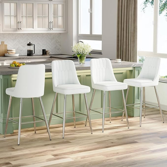 27" Bar Stools Set of 4 - White Counter Height Bar Stools Set of 4,Faux Leather Kitchen Island Stools with Sturdy Chrome Metal Leg,Counter Height Stools with Backs,Easy to Assemble