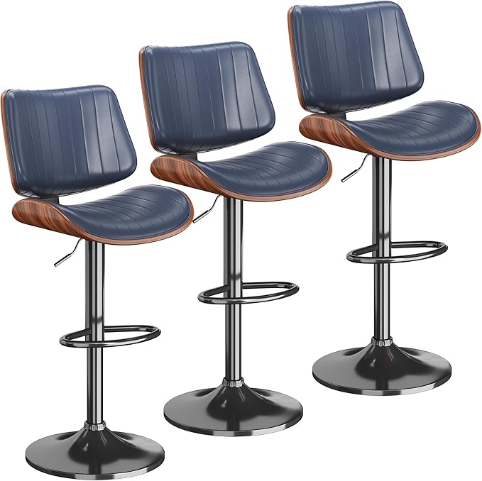 Swivel Bar Stools Set of 3, Adjustable Bentwood Barstools for Kitchen Counter, Modern PU Leather Upholstered Bar Chair with Back and Footrest, for Kitchen Island, Bar, Dining Room, Navy
