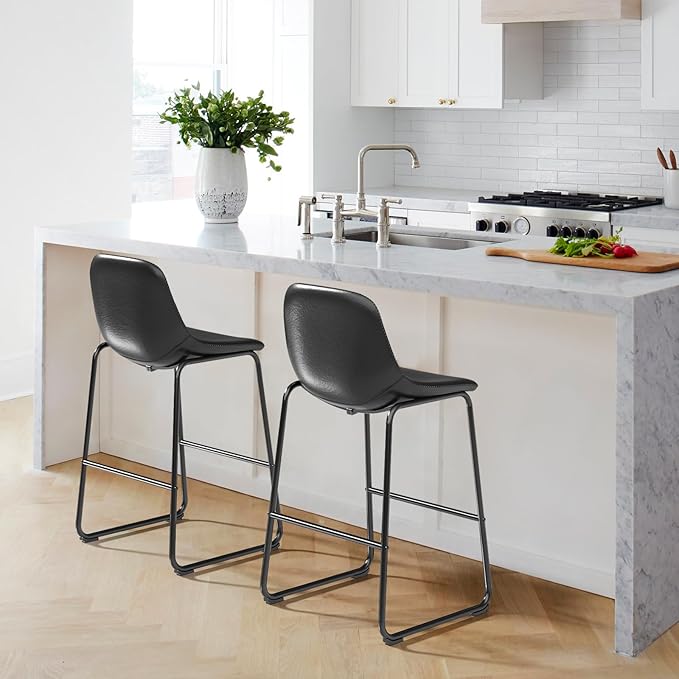 Rfiver Pu Faux Leather Bar Stools Set of 4, Industrial Pub Barstools with Back and Footrest, Modern Armless Bar Height Stool Chairs (Black, 30" Barstool x4)