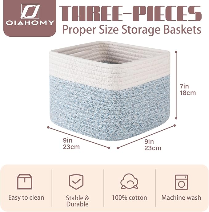 OIAHOMY 9”x9”x7” Storage Cubes, Cotton Rope Woven Baskets for Organizing, Cube Storage Bin, Small Gift Basket for Shelf, 3-Pack, Blue&White