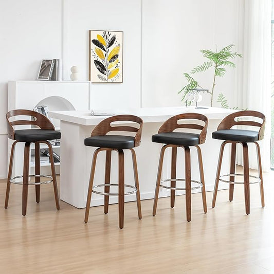 Bar Stools Set of 4, Swivel Bar Stools with Walnut Craftsmanship, Bentwood Curved Back, Upholstered Faux Leather, Soft Cushion Seat, Mid Century BarStools for Bar/Pub/Cafe (Black, 30" Seat Height)