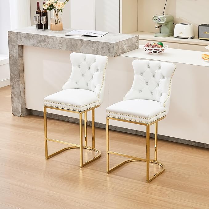 UVV Counter Height Bar Stools Set of 3, 26" Modern Barstools with Back, Faux Leather Upholstery Counter Chairs with Metal Legs for Kitchen Island, Bar, Counter, White