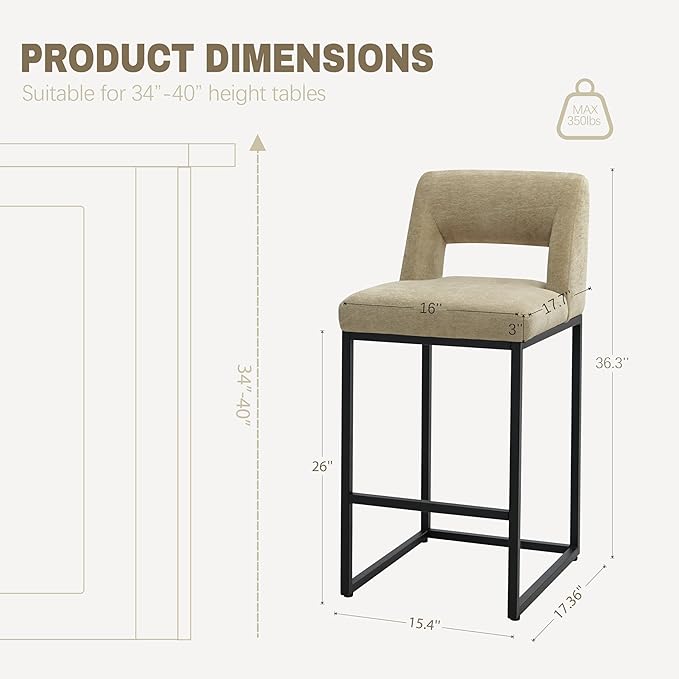 Counter Height Bar Stools Set of 2 for Kitchen Counter Modern Bar Chairs with Backs for Kitchen Island with Upholstered Fabric Seat and Metal Frame, Khaki, 26 Inch