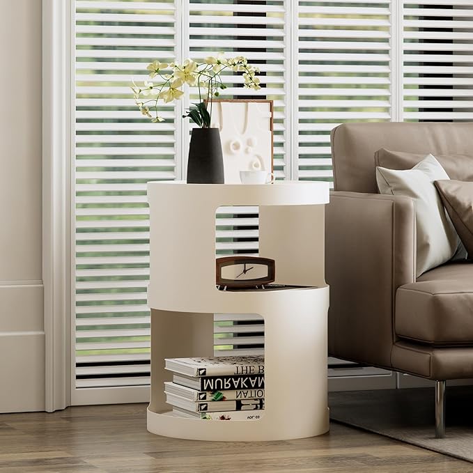 XIV Side Table, Round End Table, Modern Nightstand, Metal Accent Table, Small Bed Side Table for Living Room Bedroom, Bedside Table, Night Stand, No Assembly Required (Off White, Round)