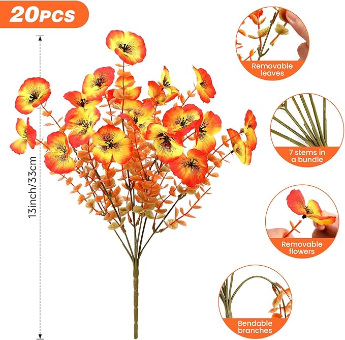 20 Bundles Artificial Fall Flowers for Outdoors, Faux Pansy Fake Mums Flowers Plants Outdoor Fall Decor, UV Resistant No Fade Silk Flower for Planter Porch Patio Window Decor, Autumn Orange