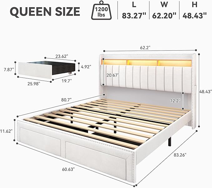 Torana Queen LED Bed Frame with 2 Drawers, Linen Upholstered Storage Wingback Headboard Beds, Channel Tufted Platform Bedframe with Rivet Decor, No Box Spring Needed, Natural