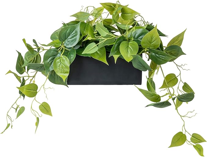 MyGift Vibrant Lifelike Artificial Plant Pothos Leafy Vine Greenery in Black Concrete Rectangular Planter Box