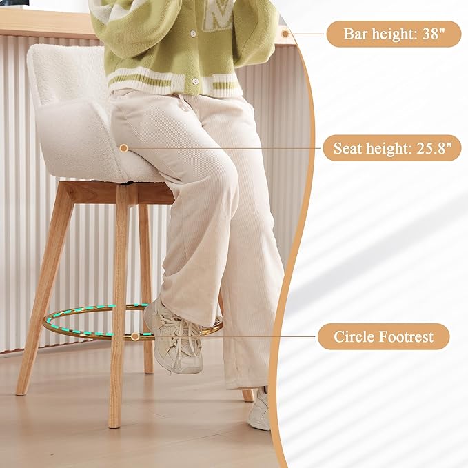 Counter Height Swivel Bar Stools, Boucle Upholstered Bar Stools with Back, Arms, Solid Wooden Legs, 26 Inch Chairs for Kitchen Island, Home Pub, Cafe, 2 Pcs, White