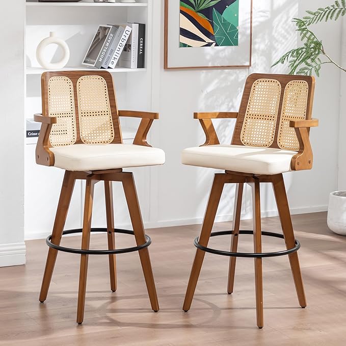 Set of 2 Mid Century Modern Bar Stools - 30 inch Swivel Rattan bar stools with Cane Back, Walnut Craftsmanship, Upholstered Faux Leather, Bar Chairs for Bar/ Pub/Island/Cafe ( 30" Seat Height, Beige)