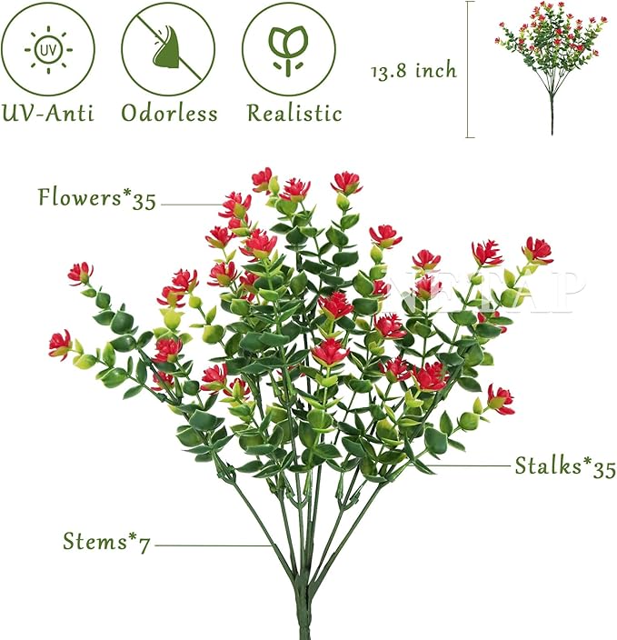 Outdoor Artificial Flowers UV Resistant, 20 Bundles Fake Realistic Floral Greenery Plants for Outside Porch, Window Boxes, Garden, Yard, Inside Home Table Decor, Red
