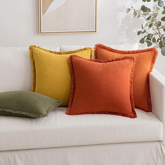 MIULEE Decorative Throw Pillow Covers Neutral Linen Fringe Throw Pillows Set of 2 Burnt Orange Boho Farmhouse Cushion Covers with Tassels for Couch Sofa Bed Living Room Home Decor 24x24 Inch