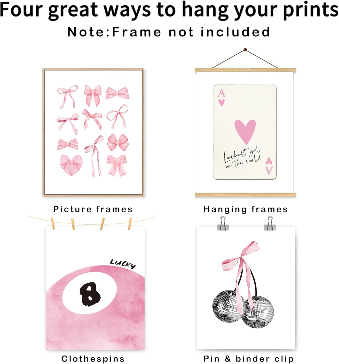 Pink Coquette Trendy Preppy Wall Art Prints Set of 4, Coquette Room Decor, Preppy Room Decor Aesthetic, Pink Bow Disco 8 Ball Cherry Wall Decor Posters for Girls Bedroom Dorm, 8x10 Unframed