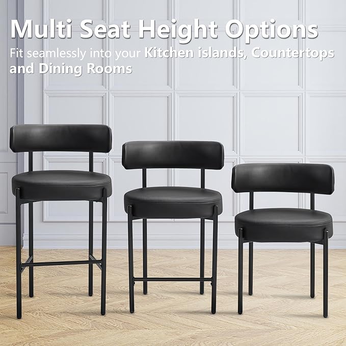 24'' Faux Leather Bar Stools Set of 2, Counter Height Bar Stools for Kitchen Island Backs, Upholstered Counter Chairs for Kitchen Counter (Vegan Leather,Black)