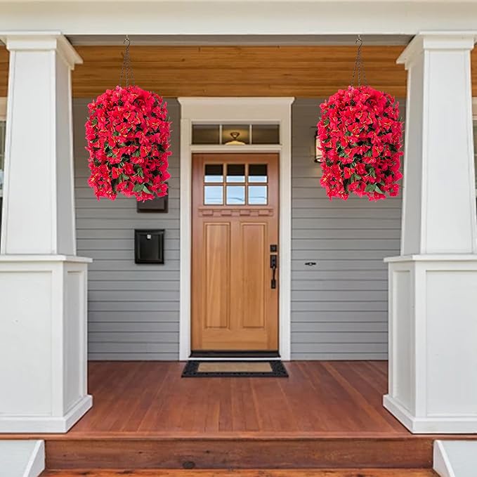 Artificial Bougainvillea Faux Flowers Plants Baskets for Outdoor Outside Summer Decoration, 3 PCS Fake Silk Long Hanging Vines UV Resistant Realistic for Front Door Porch Patio Balcony Yard, Red