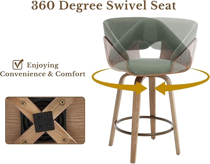 HNY 26 Inch Swivel Bar Stools with Back Set of 6, Green Linen Upholstered Counter Height Barstools with Solid Bentwood Frame, Round Footrest, Modern Barrel Counter Stools for Kitchen Island, Home Bar